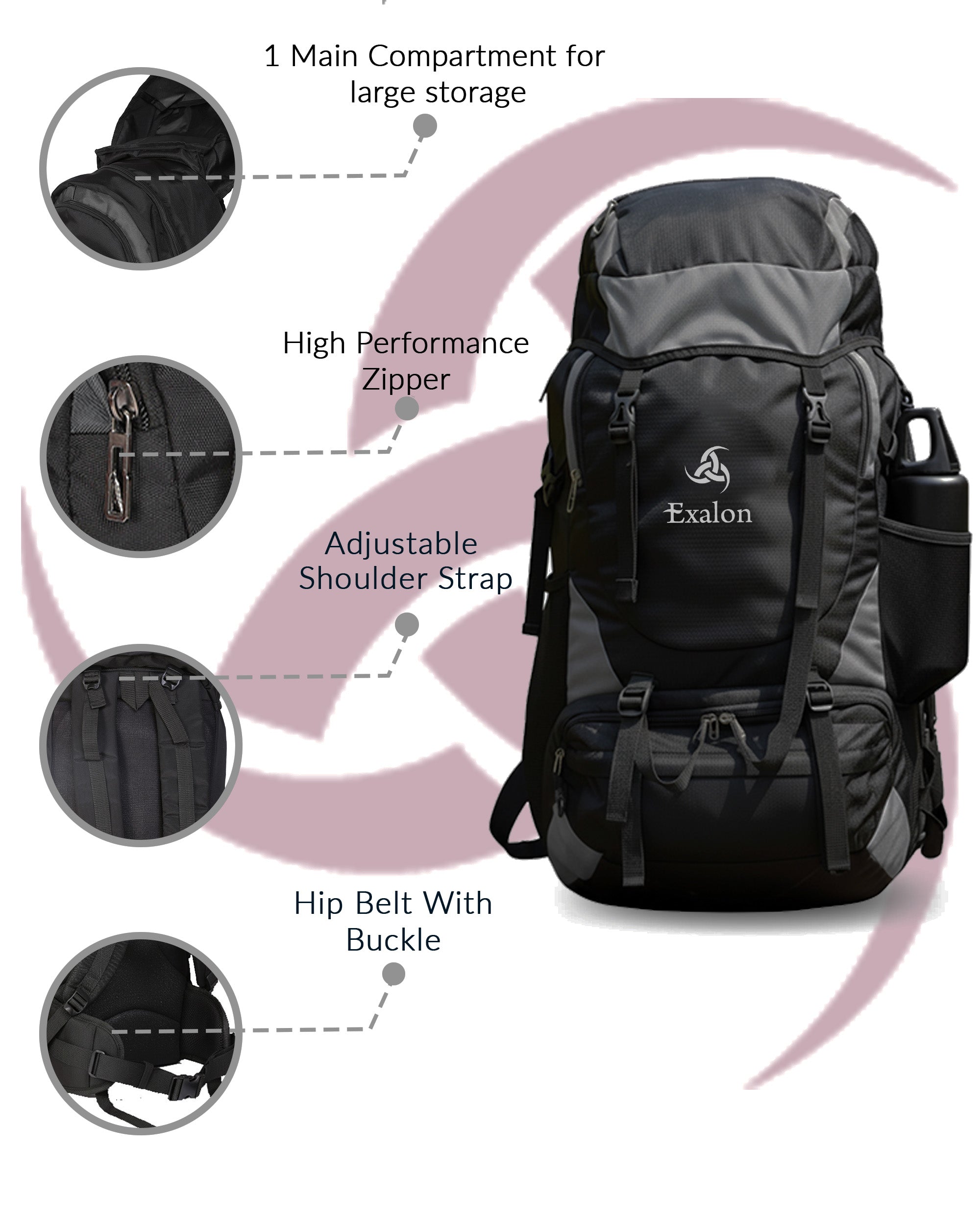 Exalon 55L Nylon Expedition Backpack for Trekking