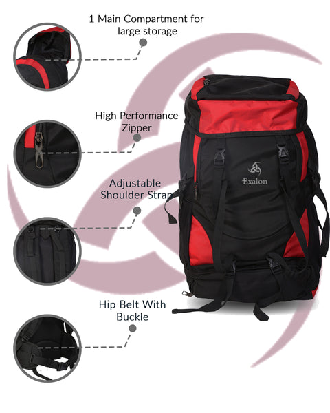 Adventure Ready 55L Hiking Rucksack in Red Black with Heavy Duty Bag