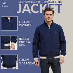 Men’s Premium Navy Blue Winter Jacket with Full-Zip & Ribbed Detailing