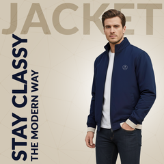 Men’s Premium Navy Blue Winter Jacket with Full-Zip & Ribbed Detailing