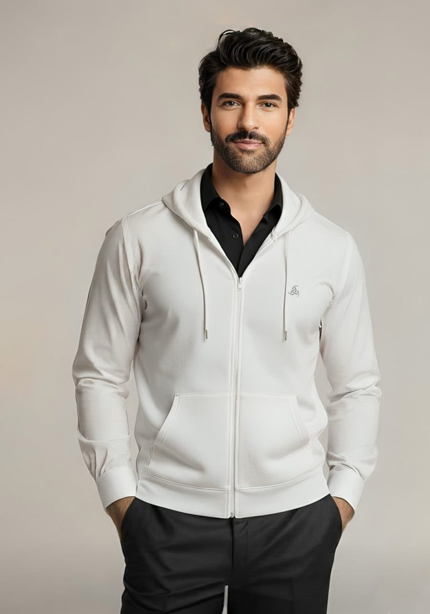 Men’s Premium White Full-Zip Hoodie with Pockets | Soft & Stylish Wear Hoodie