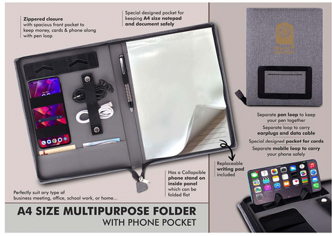Executive Grey A4 Business Portfolio Folder With Mobile Stand Organizer